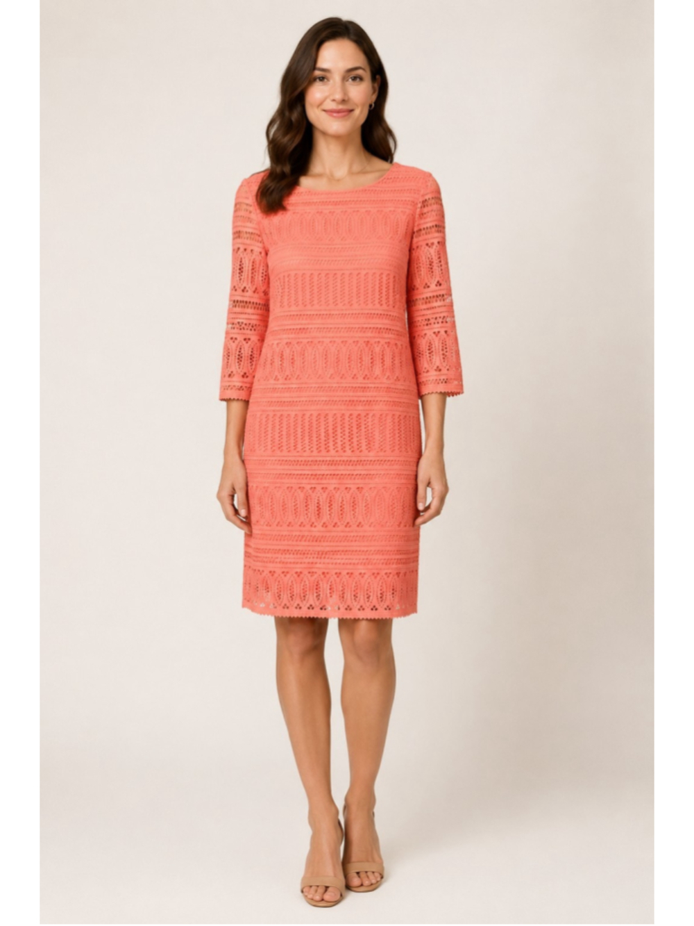 London Times Coral Geometric Lace Shift Dress Size 6 3/4 Sleeve Lined